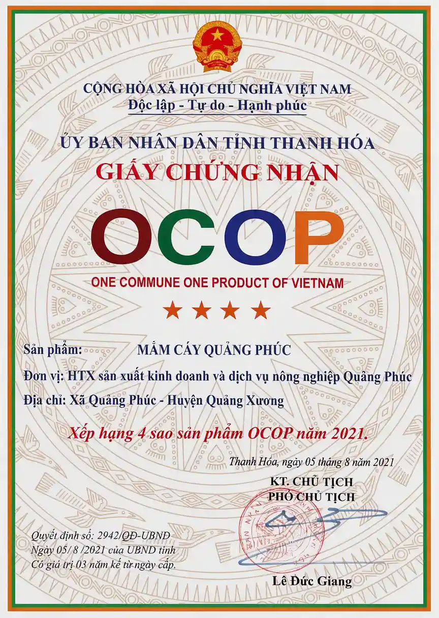 Giấy chứng nhận OCOP 4 sao Mắm Cáy Quảng Phúc